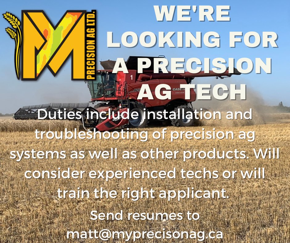Looking to add a precision ag tech to aide in installations of precision ag systems, concaves and troubleshooting.

Will consider either experienced techs or will train the right applicant looking at getting into the precision ag industry. 

RT for a chance to win some swag.