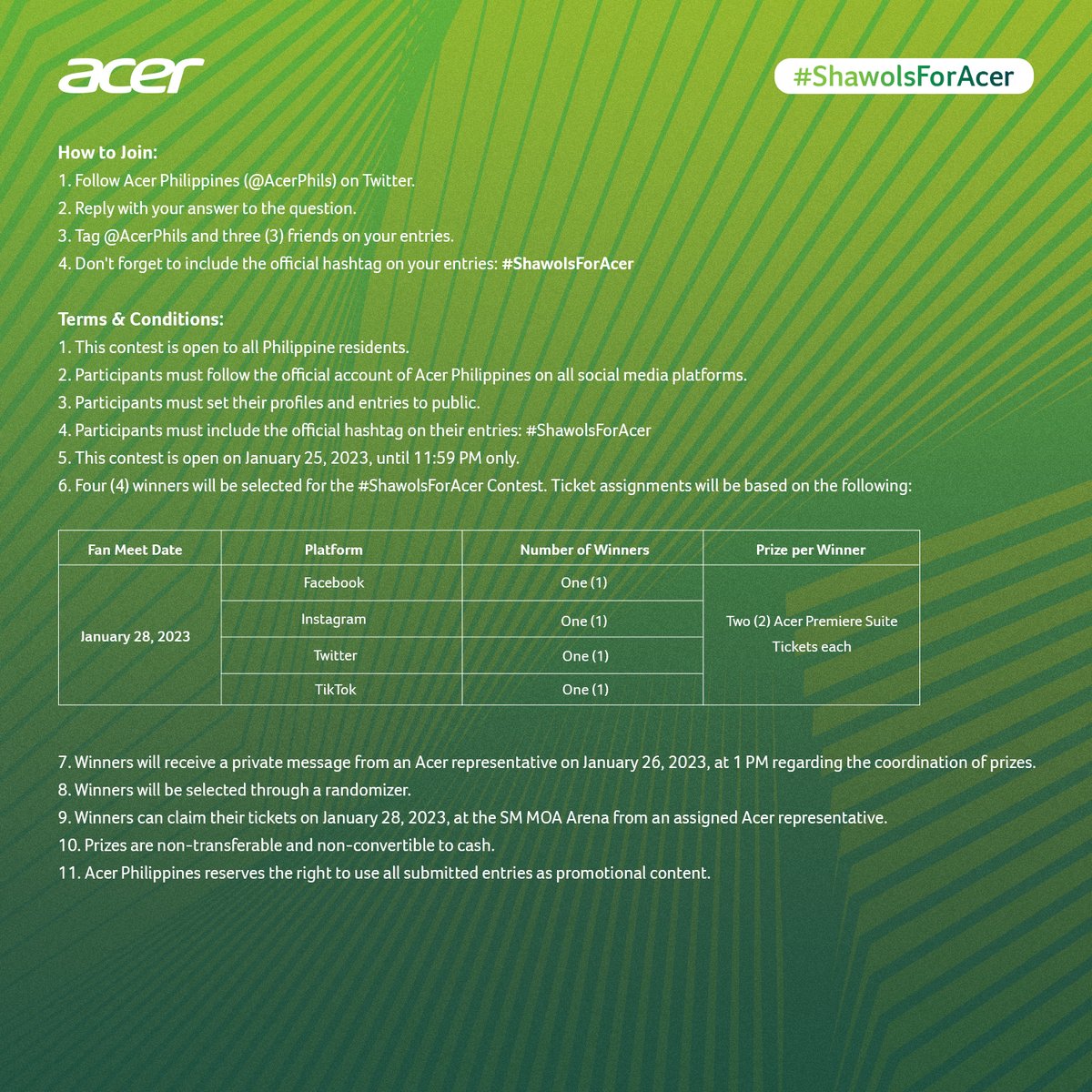 AcerPhils's tweet photo. Looks like it’s falling free fan meet tickets, Acer Fam. 😉 Just send in your answers to the given question for a chance to win 2 Acer Premiere Suite tickets! #ShawolsForAcer https://t.co/keefJfnmXt