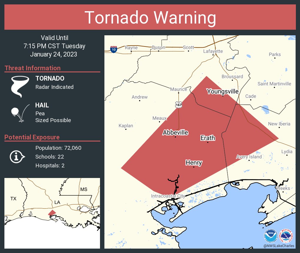 NWS Lake Charles on Twitter "Tornado Warning continues for Abbeville LA, Youngsville LA and