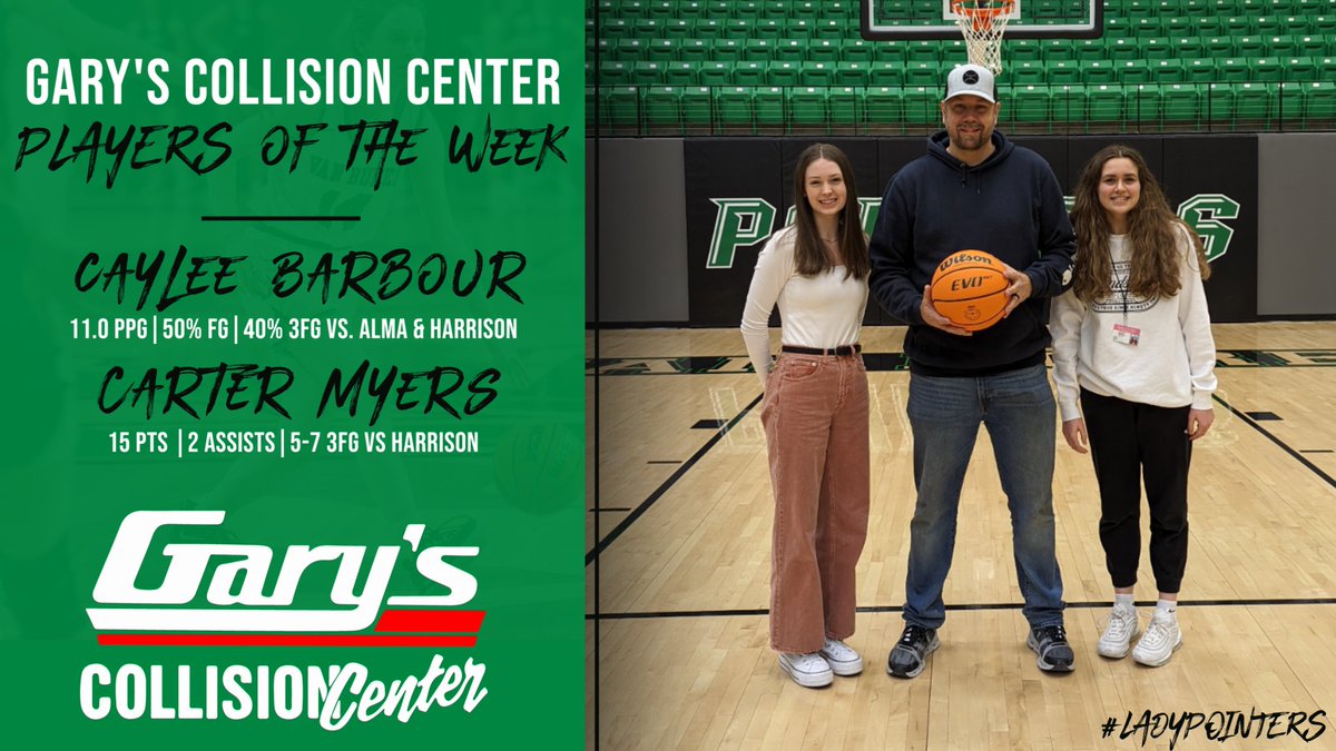 Caylee and Carter are our Gary’s Collision Center Players of the Week! Thank you to Chase Barbour at Gary's for supporting VB Basketball!

Caylee had 13 points (3-5 from 3) in our win vs Alma. Carter led our team in a win @ Harrison, shooting 5-7 from 3 and scoring 15 points.