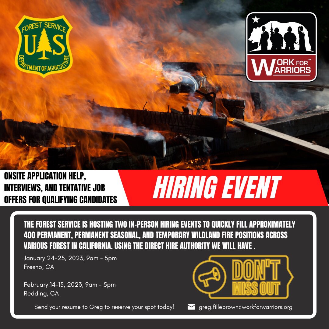 Team_WFW's tweet image. Miss day 1 of #usforestservice hiring event in #fresno? You can still attend tomorrow from 9-5 for a chance to get hired on-site! Find out more by emailing Greg at greg.fillebrown@workforwarriors.org #hotjobs #smokinghot #workforwarriors #veteranshpingveterans #staffingredefined