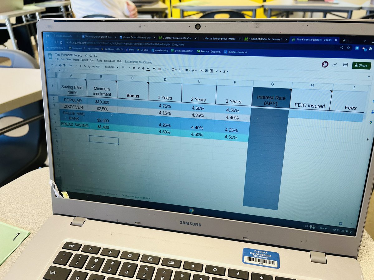 MrKoganHistory's tweet photo. Ss compared and contrasted checking, saving and CD accounts using Google Sheets to determine the best one. @iaecspumas @GoogleForEdu @googlesheets #financialliteracy @entretalk https://t.co/7hF9zVmPui