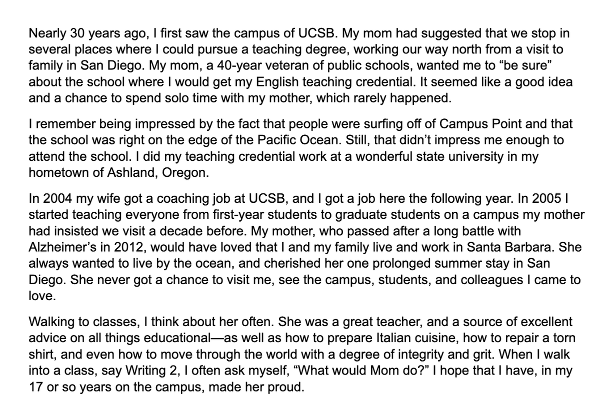HumansofUCSB's tweet image. 𝐂𝐡𝐫𝐢𝐬 𝐃𝐞𝐚𝐧
𝐋𝐞𝐜𝐭𝐮𝐫𝐞𝐫 𝐢𝐧 𝐭𝐡𝐞 𝐖𝐫𝐢𝐭𝐢𝐧𝐠 𝐏𝐫𝐨𝐠𝐫𝐚𝐦

"Nearly 30 years ago, I first saw the campus of UCSB. My mom had suggested that we stop in several places where I could pursue a teaching degree..."
#UCSB #UCSBfaculty