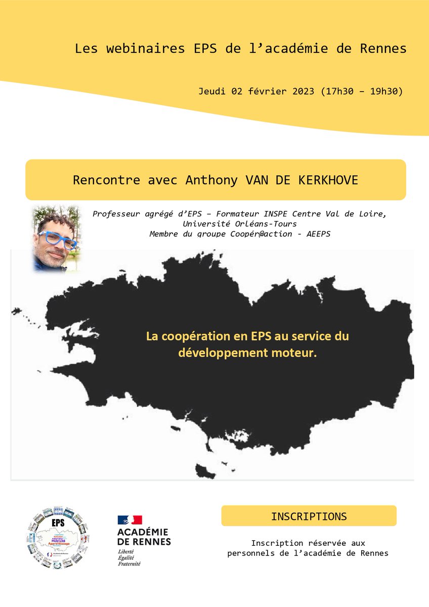 Celine__Allain's tweet photo. 4ème webinaire de l'académie de Rennes :
"Rencontre avec Anthony Van De Kerkhove"
La coopération au service du développement moteur en EPS, 
Jeudi 02/02 à 17h30 
 @acrennes  @GagnebienJulien #EPS #cooperation https://t.co/AzXHnXObF8