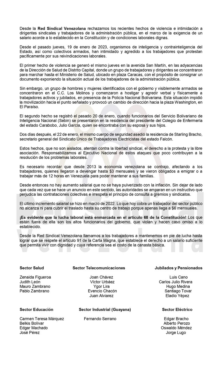 Desde la #RedSindicalVenezolana rechazamos los recientes hechos de violencia e intimidación a dirigentes sindicales y trabajadores de la administración pública, en el marco de la exigencia de un salario acorde a lo establecido en la Constitución y condiciones laborales dignas.🧵