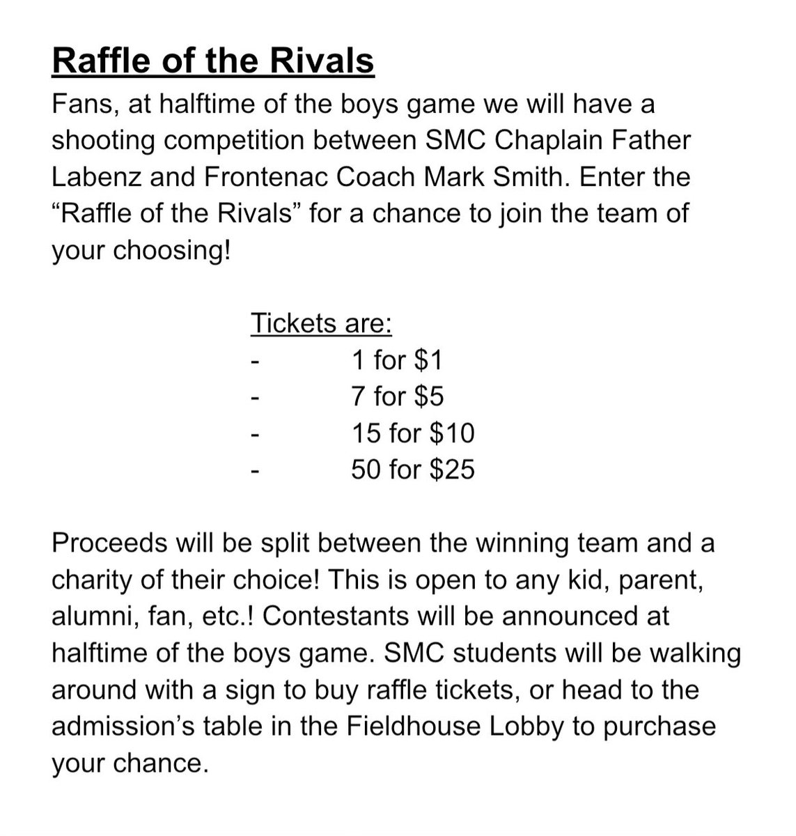 SMC_Panthers's tweet photo. Come to the game tonight and buy a ticket for your chance to join in on the rivalry and support a good cause! @ColganBB https://t.co/jBOM8rRT4e