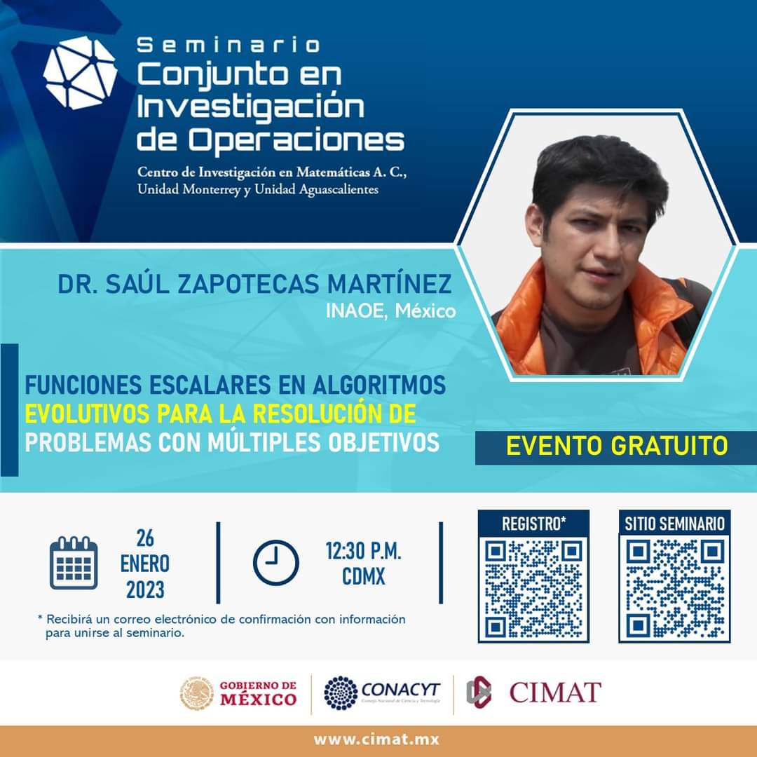 📣Participa en la 1era sesión del año del Seminario Conjunto en #InvestigaciónDeOperaciones (SCIO) Modalidad Virtual

📆 26 de enero
⏰ 12:30 h (CDMX)
✍️ Registro: seminario-cio.cimat.mx/form/registro-…

<a href="/cimatmty/">CIMAT Monterrey</a> #CONACYT #CIMAT #InvestigaciónOperativa #optimización #optimizaciónmultiobjetivo
