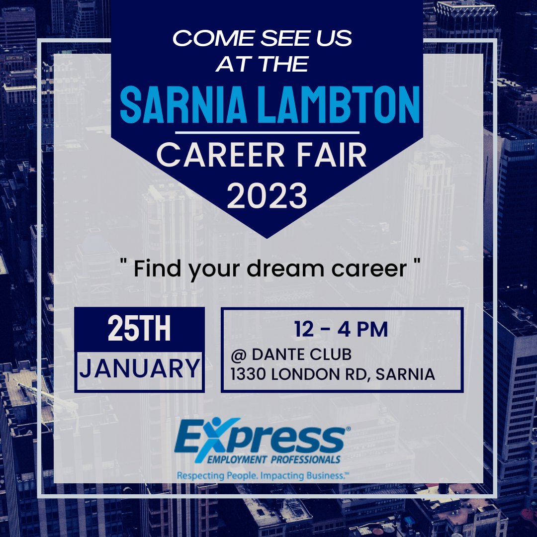 ExpressSarnia's tweet photo. Come see us at the Career Fair tomorrow!

When 📆 JANUARY 25TH 2023
Where 📍 THE DANTE CLUB 1330 LONDON RD, SARNIA
Time ⏰ 12 - 4 pm

Please bring your resume

#ExpressPros #Hiring #local #recruiting https://t.co/iBzSVTXhNs