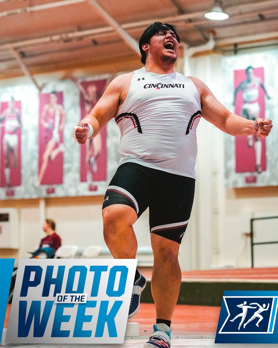 NCAATrackField's tweet photo. 📸 #NCAATF Photo of the Week 👟

Giovanni Gutierrez celebrates setting the second-best mark in @GoBearcatsTFXC history with a throw of 18.75m! 💪😏 https://t.co/wh0JbA65cS