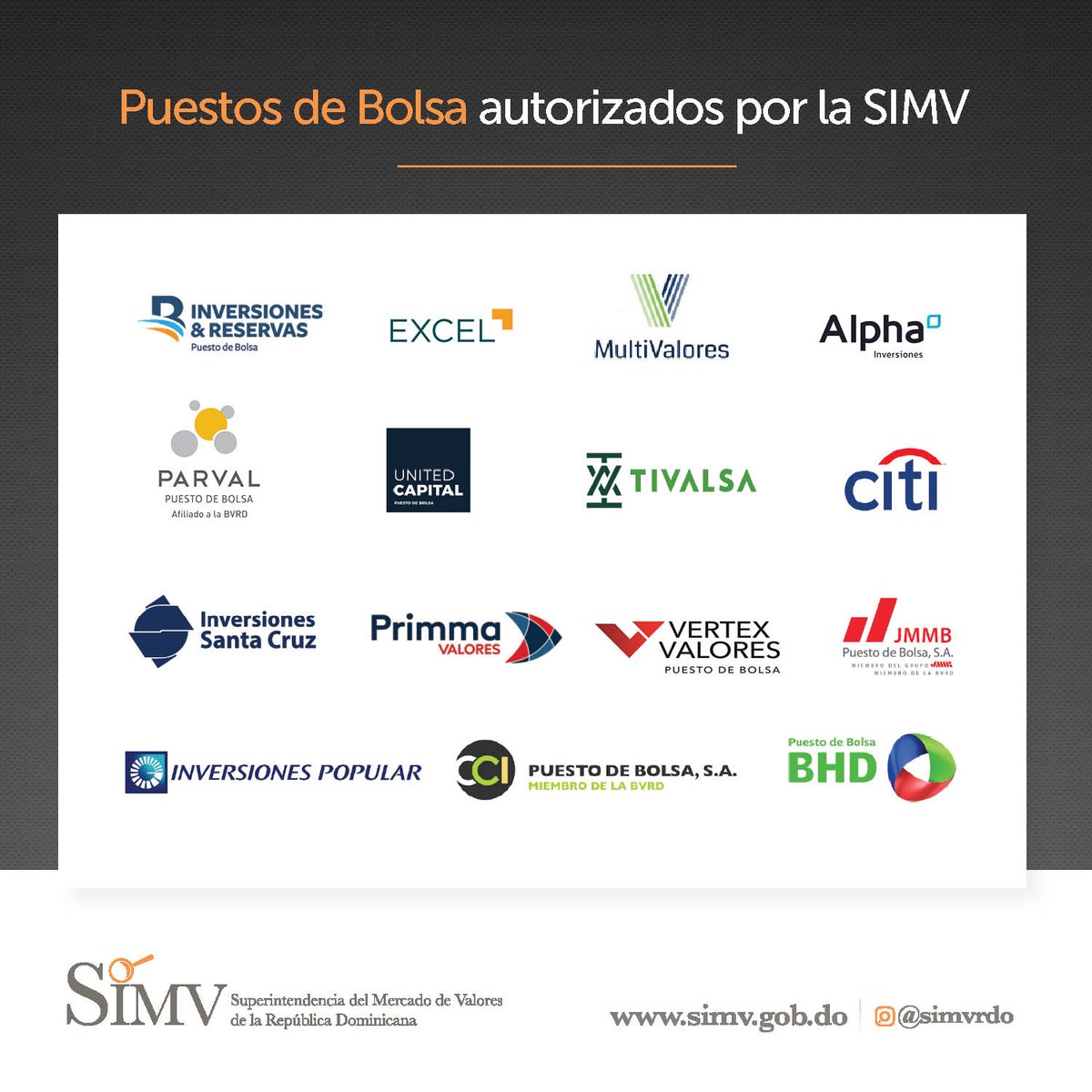 SIMVRDO's tweet photo. Si estás interesado en realizar operaciones en el mercado a través de un #PuestodeBolsa, te compartimos los 15 Puestos de Bolsa que se encuentran actualmente inscritos en el Registrodel Mercado de Valores de la #SIMV. https://t.co/Oxmar5labt