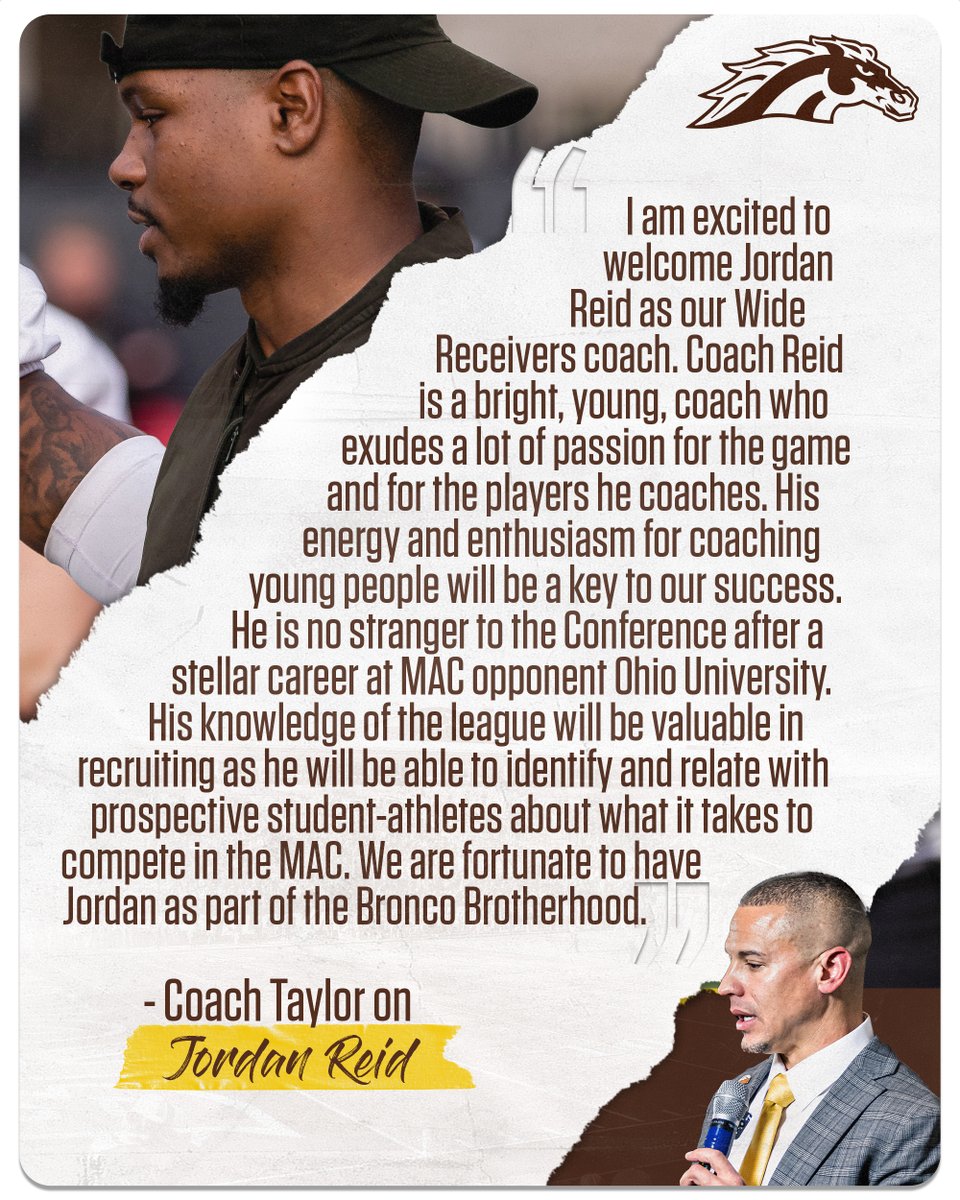 WMU_Football's tweet photo. We are excited to welcome our new Wide Receivers Coach Jordan Reid to the #BroncoBrotherhood

#EAT
#BroncosReign https://t.co/qCJeY3zKNt