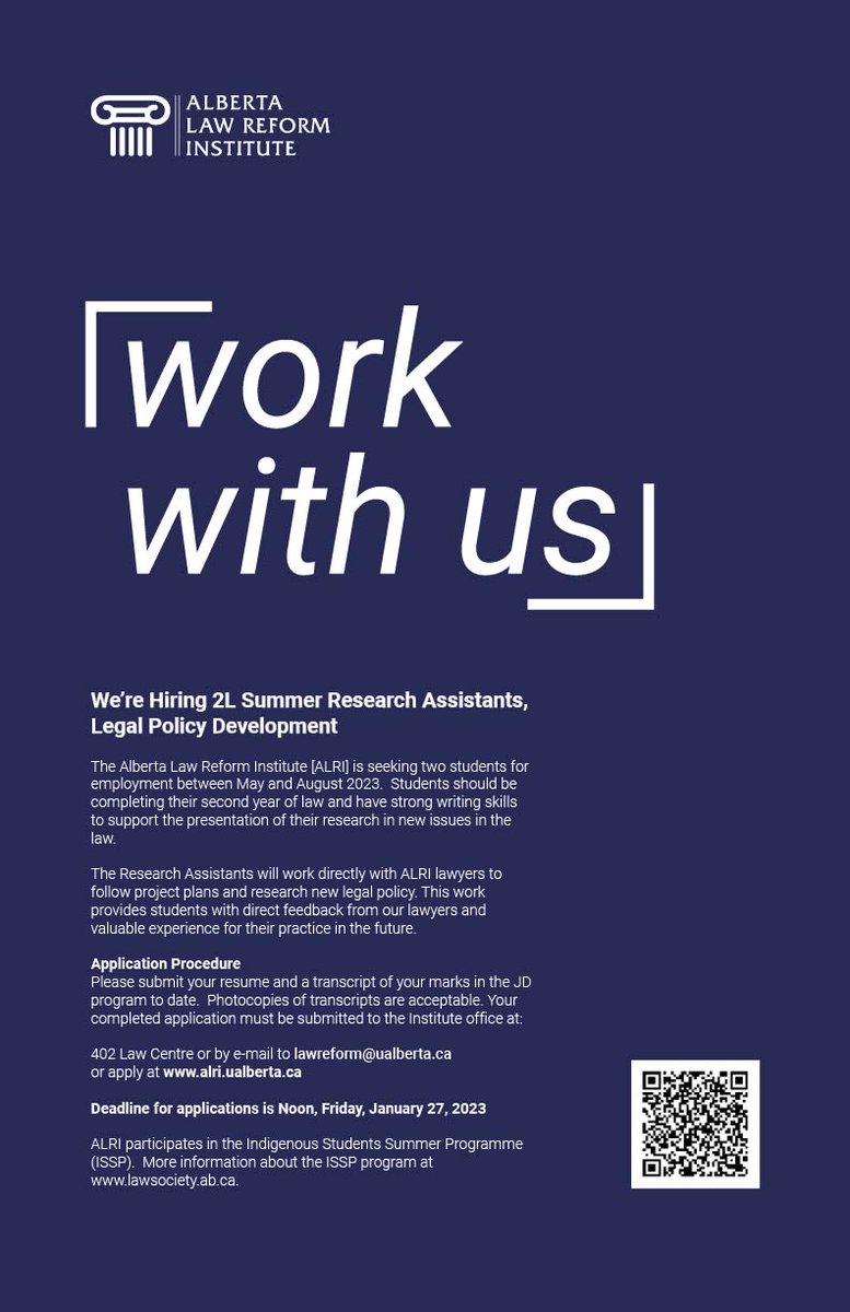 Work with us! We're looking for a summer #research assistant to work with our lawyers and help develop new legal policy. Apply at alri.ualberta.ca/about/#jobs. #lawreform @ualbertalaw