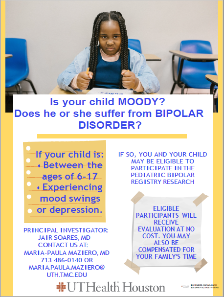 uthpsychiatry's tweet image. You may be eligible to participate in the Pediatric Bipolar Register Research! Contact us at 713-486-0140. All other information is on the post. Please reach out to us for any other information needed. #researchstudy #psychiatry #bipolardisoder #mentalhealth