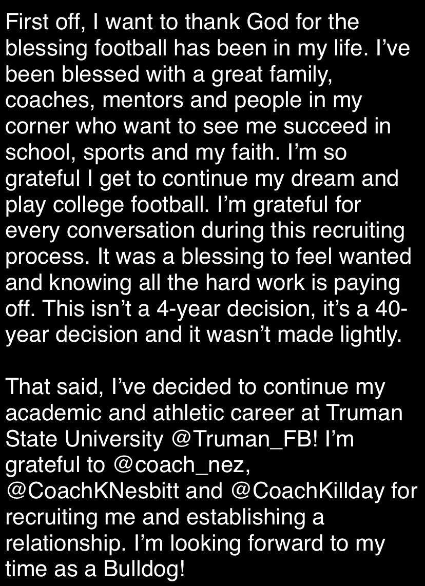 DravenVangilder's tweet photo. With all of this said, I’ve decided to continue my academic and athletic career at Truman State University @Truman_FB! I’m grateful to @coach_nez, @CoachKNesbitt and @CoachKillday for recruiting me and establishing a relationship. I’m looking forward to my time as a Bulldog! https://t.co/B471V8RYfi
