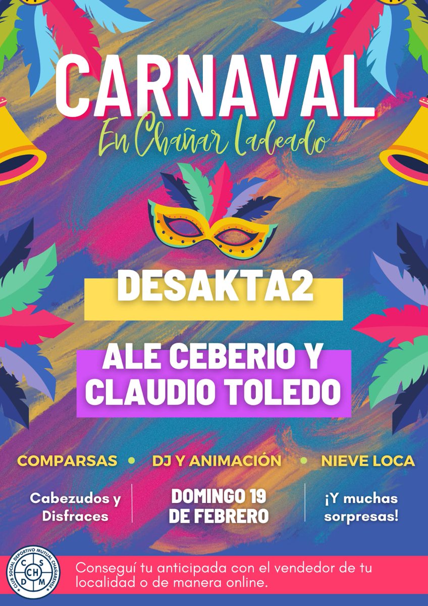 CSDMCHWEB's tweet photo. 🎊 ¡VUELVEN LOS CARNAVALES AL CLUB CHAÑARENSE! 🎊

Los esperamos el domingo 19 de febrero para vivir juntos otra gran noche de carnaval.

Contaremos con la presencia de diferentes comparsas, dj y animadores, cabezudos, disfraces, nieve loca... https://t.co/GukvsMGdJy