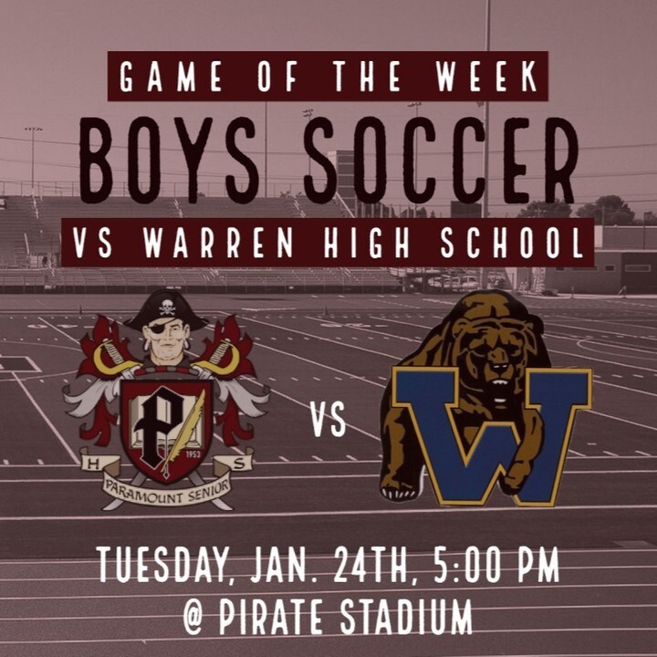 ParamountSenior's tweet photo. Our Game of the Week will be Boys Soccer against Warren HS. Come out and show your support tonight at Pirate Stadium at 5:00 pm! https://t.co/r0z2uvbZB7 https://t.co/ptxtBGGJH6