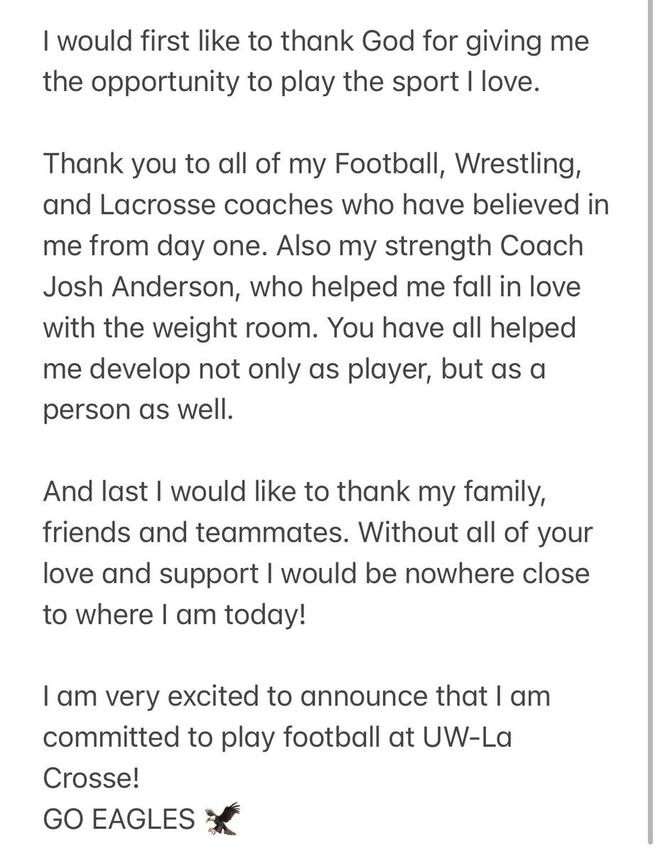 RodningAnders's tweet image. 100% Committed!!! Let’s get to work🦅 #TheExperience @WaconiaFootball @Wacsportsperf @UWLEagleFB @WaconiaSchools