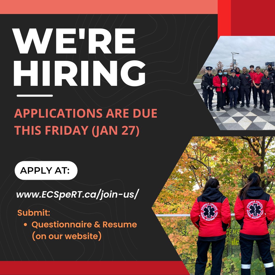 UTM_ECSpeRT's tweet photo. Hey UTM students...

ECSperRT's Winter applications are closing this week!

Want to become a skilled first responder, a dedicated member of the community &amp; part of a close-knit, motivated group of individuals? 

Then join us at https://t.co/Ni6cTXwrgI ! https://t.co/CRfZR8W2Ef