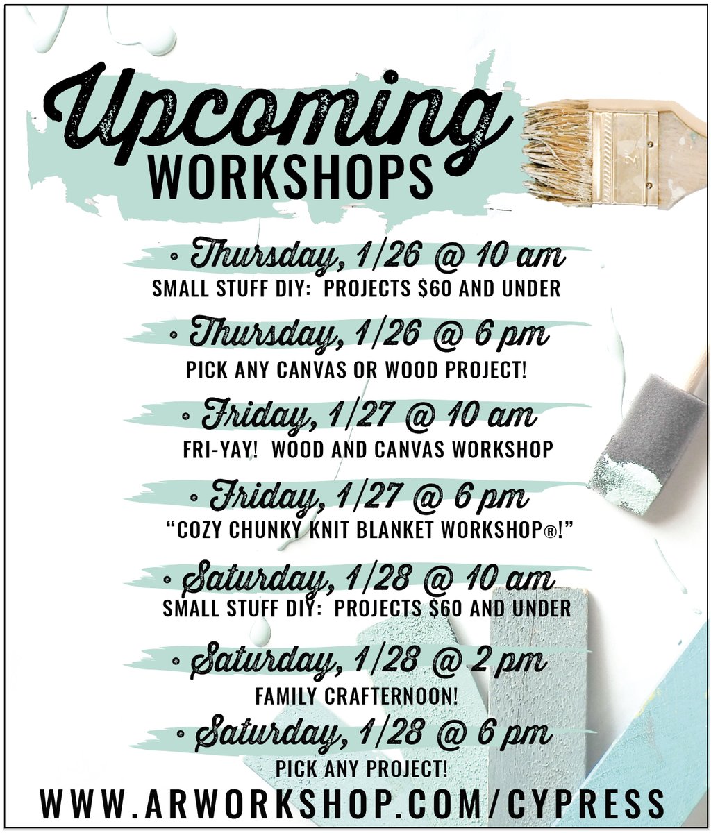 Try something new this week at one of our upcoming workshops!

arworkshop.com/cypress/

#arworkshopcypress #diylocal #cypresstx #htx #houston #texas #diyhouston #communityimpactcyfair #cypressmomsnetwork #cypresslifestyle #cypressrealtor #cypresstexas #cypressmoms...