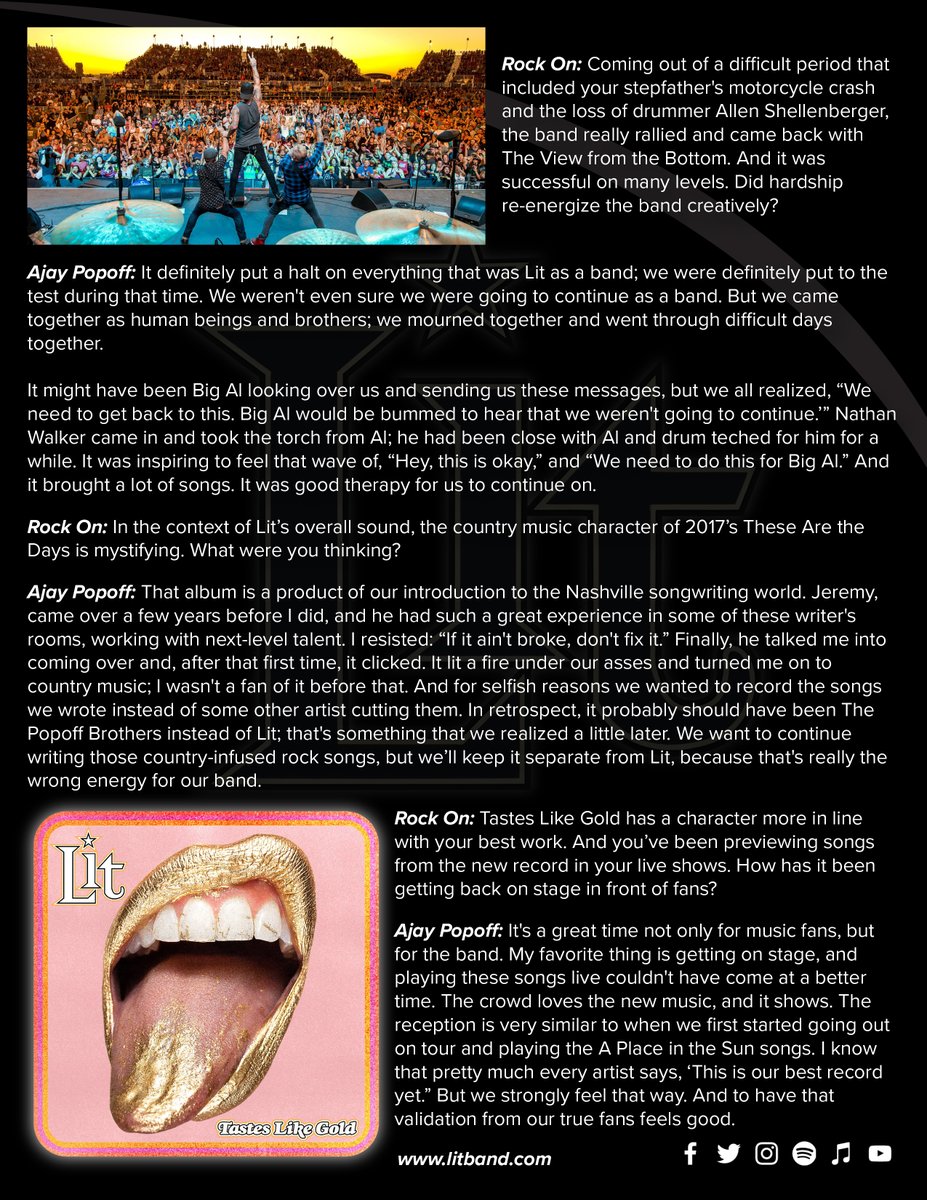 GRockefeller007's tweet photo. Interview with Lit LIT Band
They've come a long way in the music industry and are happy to introduce their new album, Taste Like Gold.
Check out their new songs from Taste Like Gold. 🤘
#litband #lit #tastelikegold #newalbum #rock #aplaceinthesun #ajay #ajaypopoff #jeremypopoff https://t.co/JyF4aYKwg6