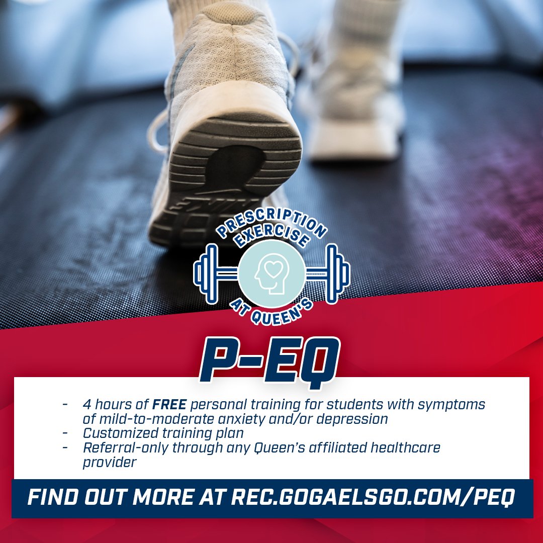 PE-Q is a referral-only program for Queen’s students with symptoms of anxiety or depression that gives them access to four free hours of personal training and goal-setting sessions with a pure-wellness coach.

📱 Find out more at rec.gogaelsgo.com/peq

#PEQ | #MentalHealth