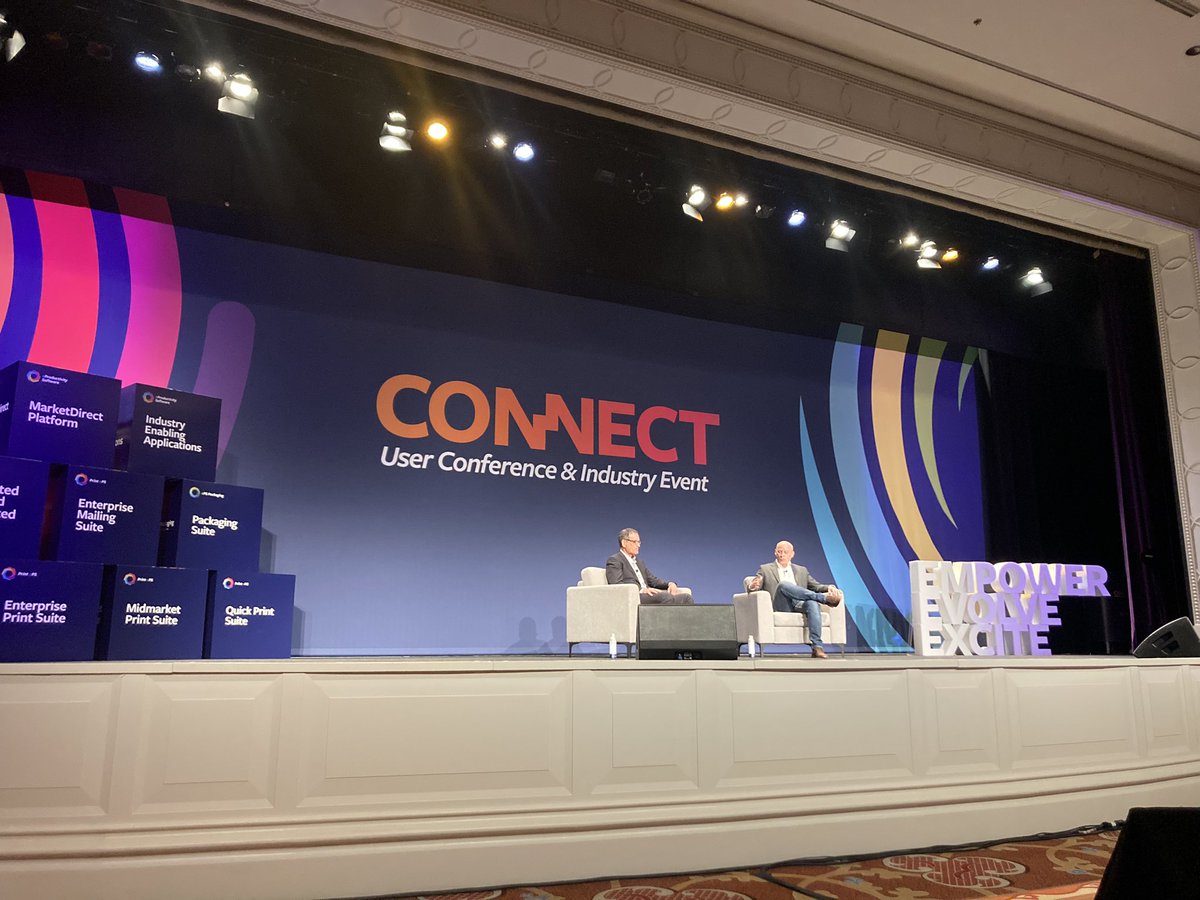 Marc Olin of @ePS_Software speaking to Ford Bowers of <a href="/PRINTINGUnited/">PRINTING United Alliance</a> in the second Connect keynote of today, discussing the consolidation of various tradeshows in the US that culminated with the huge Printing United Expo.