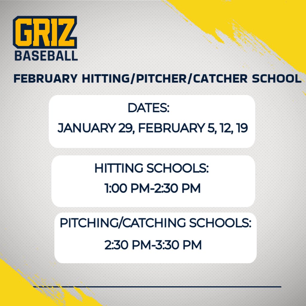 FCGrizBaseball's tweet photo. Hitting and Pitcher/Catcher Schools begin THIS SUNDAY. Come to all 4 sessions or individual sessions!  Great chance for players to get ready for the season!  https://t.co/qagG5Zc1DJ #GrizGrit @FCGrizAthletics https://t.co/24WkU4iaKd
