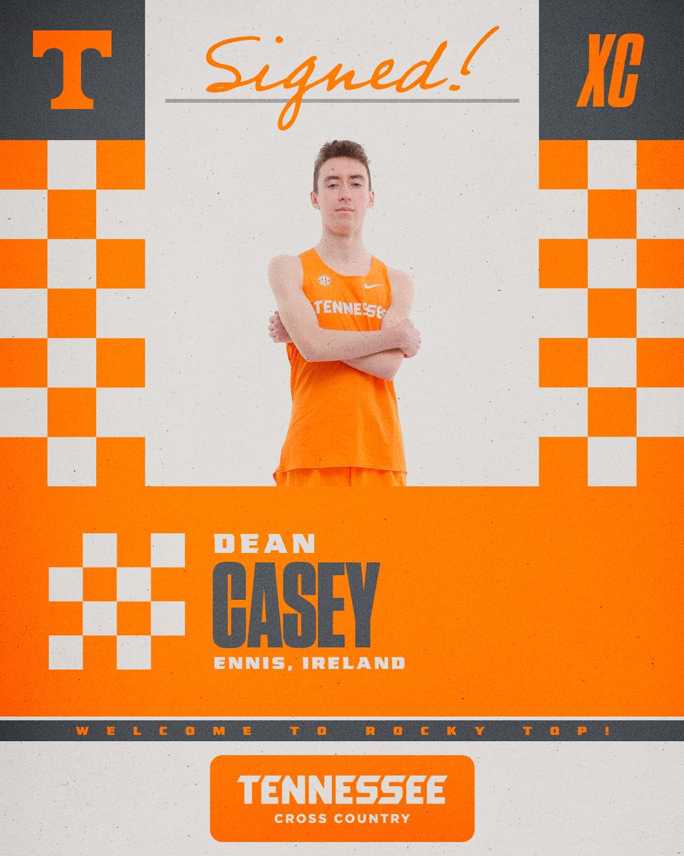 From the hills of Ireland, to the hills of Tennessee! Welcome to Rocky Top, Dean Casey🍊🇮🇪

🇮🇪 Irish U20 10,000m Record Holder
🥉 Bronze Medalist at the European U20 Cross Country Championships

Personal Bests: 
3000m - 8:00.30
5000m - 13:58.70
10000m - 28:57.32