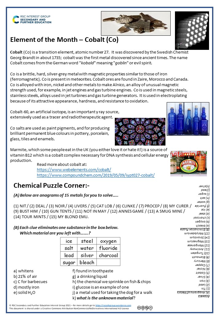 *NEW* edition #14 of our <a href="/SFEd_RSC/">RSC SaFE Group</a> Chemical Allsorts.

Loads of interesting chemistry (Peter Wothers &amp; the element Cobalt) plus two puzzles for your students. 

Share with your colleagues &amp; students today!

rscsafegroup.files.wordpress.com/2023/01/chemic…

#chemed #asechat #chemistry <a href="/RSC_EiC/">EiC</a> <a href="/EdTech_RSC/">RSC Ed Tech Group</a>