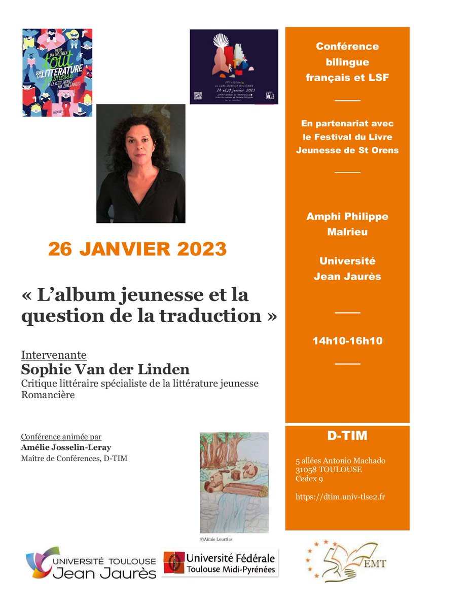 D-TIM UT2J (@cut2j) on Twitter photo Le 26/01, le <a href="/CUt2j/">D-TIM UT2J</a> <a href="/UTJeanJaures/">UT Jean Jaurès</a> est ravi d'accueillir Sophie Van der Linden en partenariat avec le <a href="/FljOccitanie/">Festival du Livre de Jeunesse Occitanie</a> pour une conférence sur #traduction et #littératurejeunesse, avec interprétation vers la #LSF. Venez nombreux! Le 26/01, le <a href="/CUt2j/">D-TIM UT2J</a> <a href="/UTJeanJaures/">UT Jean Jaurès</a> est ravi d'accueillir Sophie Van der Linden en partenariat avec le <a href="/FljOccitanie/">Festival du Livre de Jeunesse Occitanie</a> pour une conférence sur #traduction et #littératurejeunesse, avec interprétation vers la #LSF. Venez nombreux!