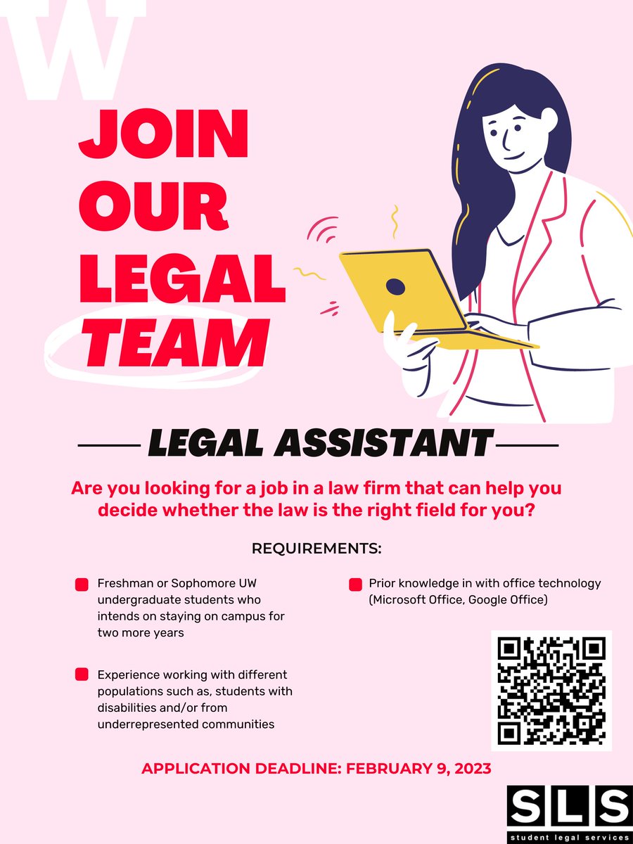 UWSLS's tweet photo. We are hiring! We are seeking an hourly undergraduate student (freshman or sophomore standing) legal assistant to maintain SLS operations in an effective, up to date, and accurate manner, for UW Seattle and Bothell Students.
You can apply via handshake: https://t.co/rcqiO7GVZK https://t.co/03AlP2DbS6