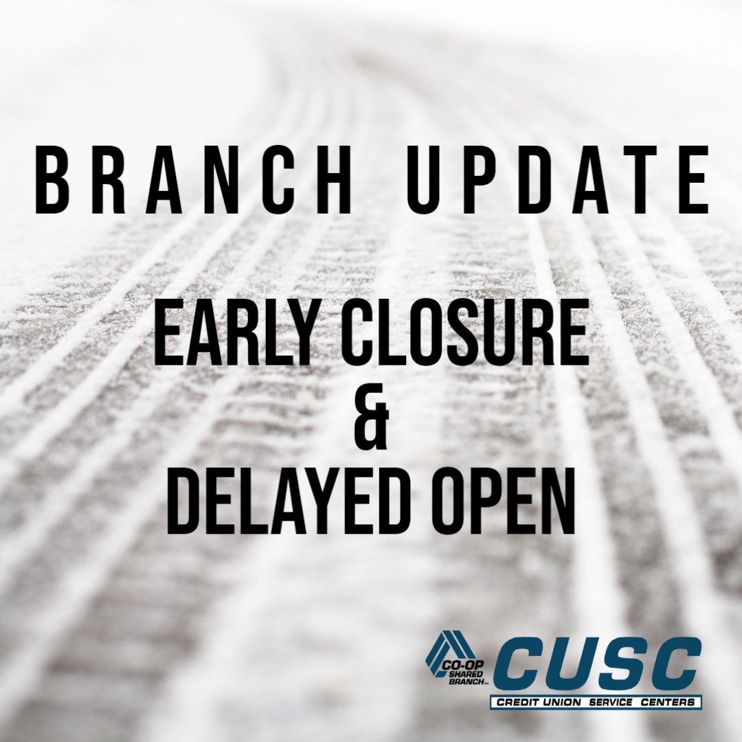 Branch Update: All five branches will close at 6:00pm today 1/24/23 and open at 9:00am 1/25/23. Check back for updates! Stay safe and warm. #cuscoklahoma #sharedbranching #oklahoma #creditunions