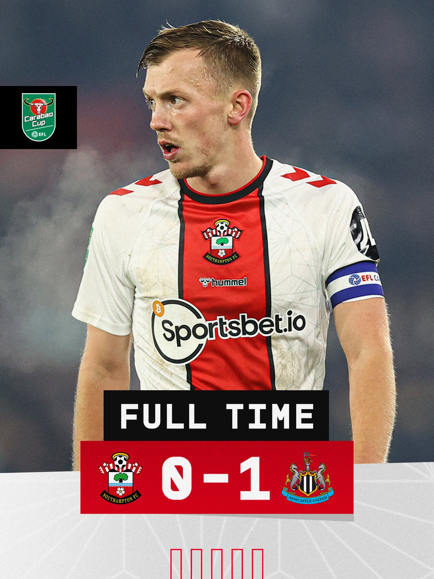 Full time: Southampton 0, Newcastle 1. With an image of James Ward-Prowse.