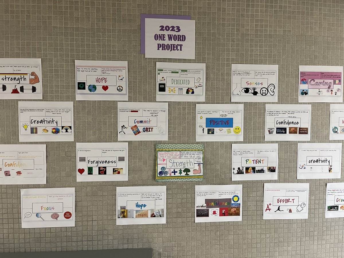 awmrssonnenberg's tweet photo. My favorite mini project that students get to do each year!  Their visual representations of their “One Word” they are going to focus on for the year!!! (&amp; they also typed a paragraph explaining their word and why they chose it!) #Growthmindset #Onewordproject https://t.co/Uw2LQBgWdm