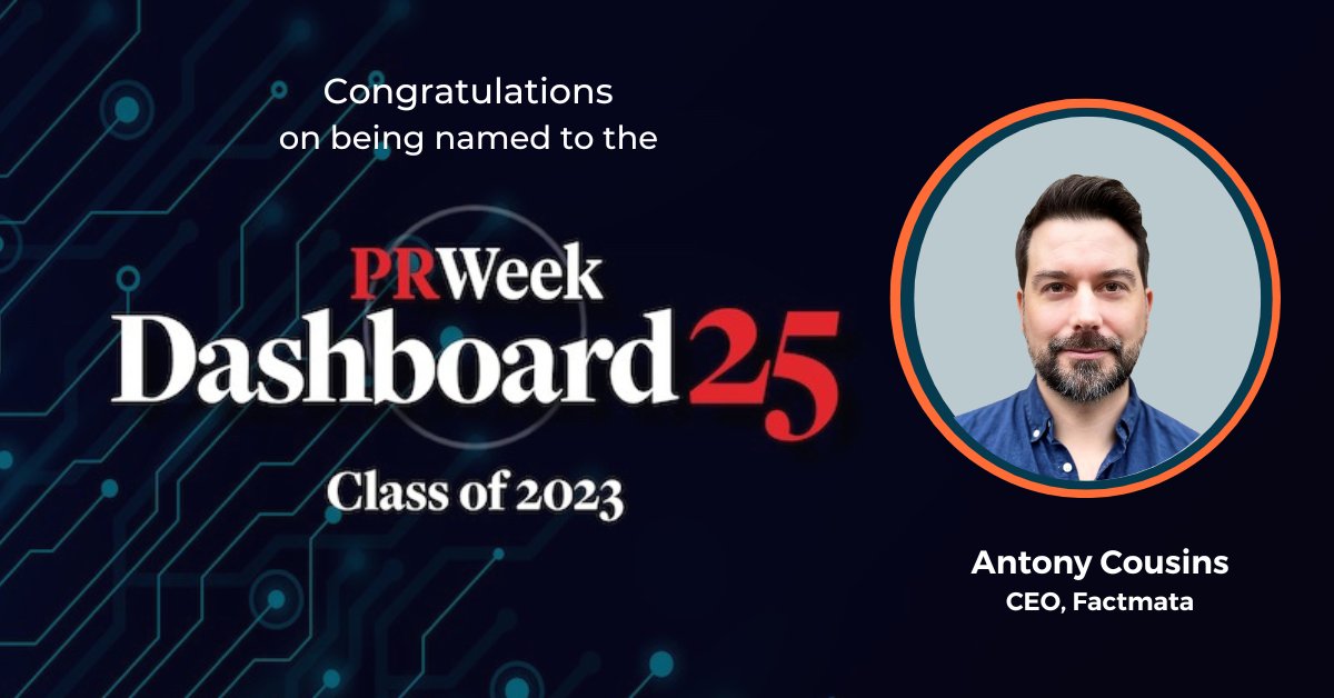 .<a href="/icommunis/">Ant Cousins</a>, CEO of Cision’s <a href="/factmata/">Factmata</a>, is part of <a href="/prweek/">PRWeek</a>’s Dashboard 25: Class of 2023! Discover why he’s one of the top innovators driving the #PR &amp; #Communications industry forward &amp; his commitment to combating misinformation: bit.ly/3XRDxGB #PoweredbyCision