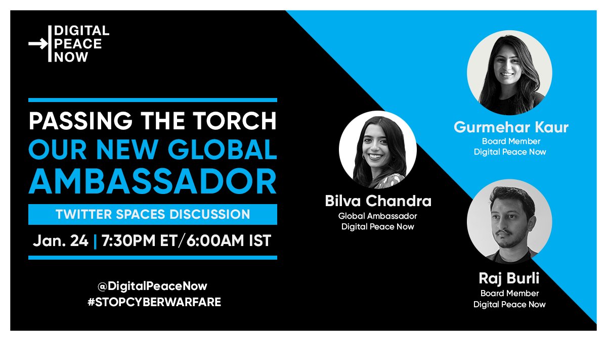 DigitalPeaceNow's tweet photo. 🔵ONE HOUR AWAY🔵
Our Twitter Spaces event with @bilva_chandra @mehartweets @BurliRaj starts soon! 

Want to join?
1⃣ Open the #Twitter app on your phone
2⃣ Follow @DigitalPeaceNow
3⃣ Tap the purple circle around the DPN icon
4⃣ Enjoy!

#StopCyberwarfare https://t.co/LLPTvI6cYB