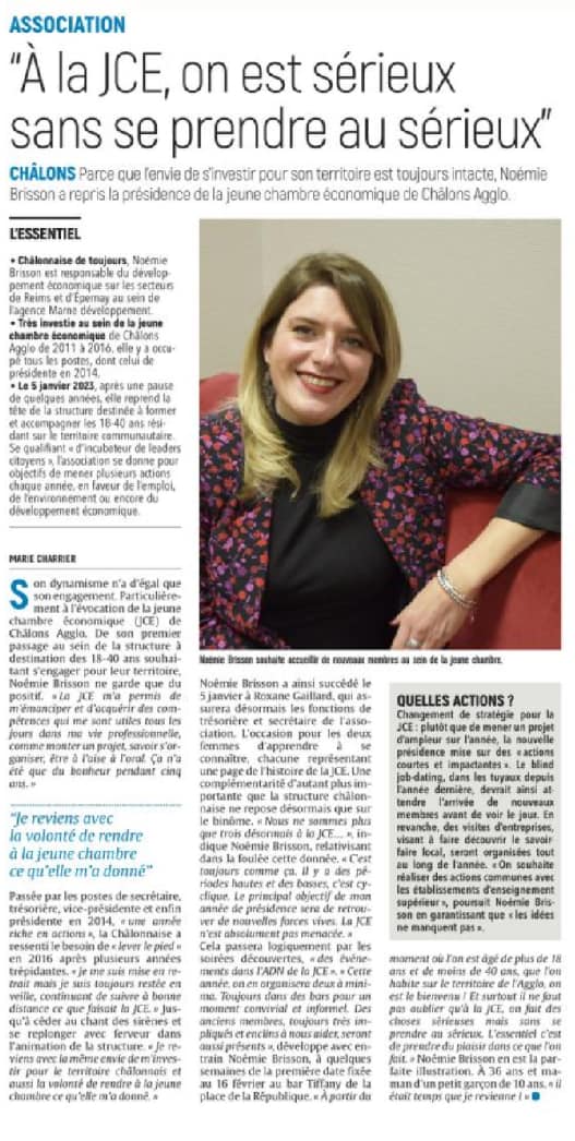 [PRESSE]
La JCE de Châlons AGGLO  à l’honneur dans L'Union au travers du témoignage de notre présidente 2023 !
#jceca #jcechalonsagglo #jcef #jci #chalonsenchampagne #chalonsagglo #projets #actions #citoyenneté #2023