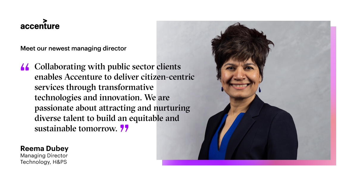 Congrats on your promotion, Reema Dubey! 🏆 As managing director, she focuses on helping our H&amp;PS clients bring high-quality services to their customers with intelligent tech. Want to work in tech like Reema? Apply now: accntu.re/3kG4crN