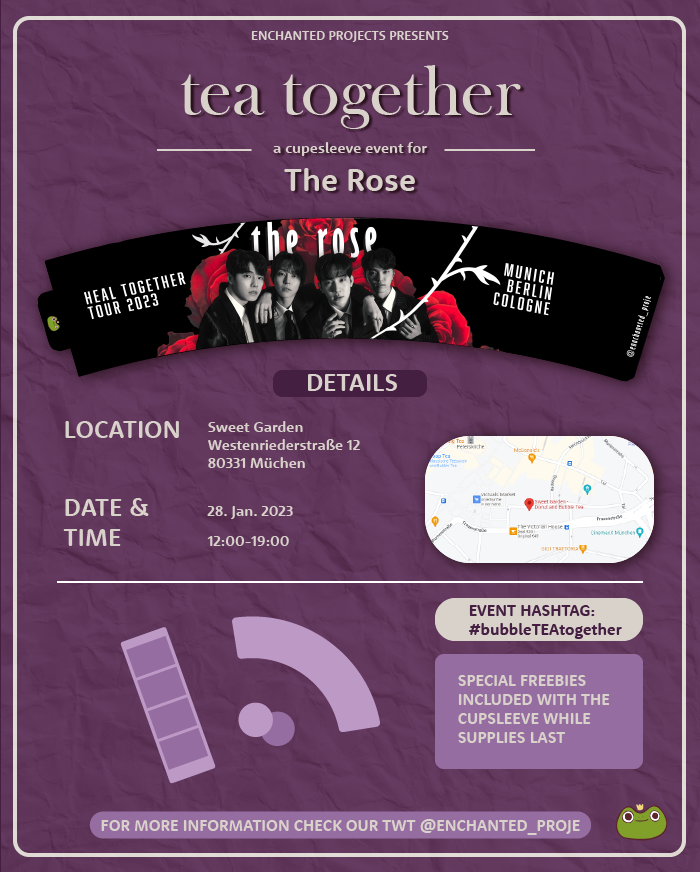 Enchanted_Proje's tweet photo. hi blackroses🌹
only 4 days left! we hope to see you all at our the rose cupsleeve event at Sweet Garden in munich! 
which special drink would you choose?🍓🫐

psst... you can still enter our giveaway, all info below✨
#bubbleTEAtogether #TheRose #HEALTogetherTour https://t.co/mM0GQq7p8W