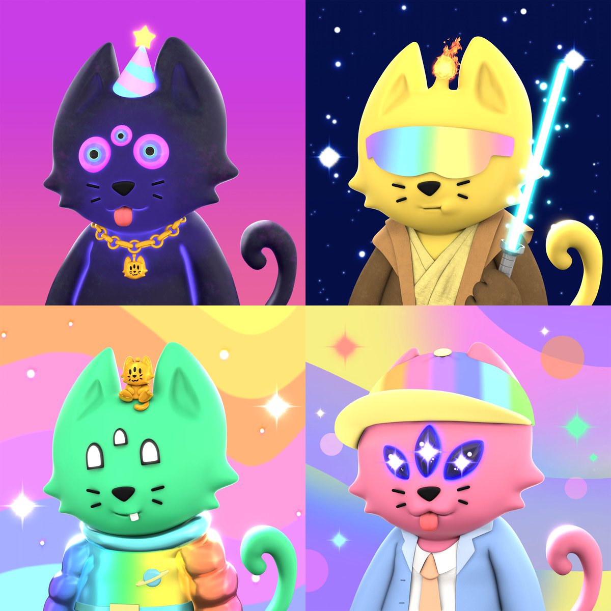A few 3D <a href="/CosmicCats_/">Cosmic Cats</a> tests from today 😻
Every holder will be getting one of these for FREE!

We will update the metadata so you'll be getting a 3D and pixel version along with your 2D originals :)

Putting all my love into these 🥰❤️