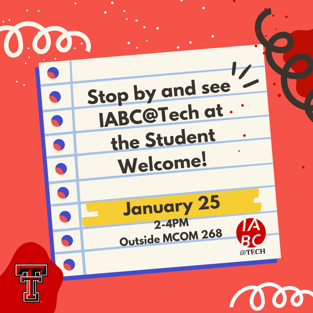 IabcTtu's tweet photo. Give your career a head start and stop by our table at the CoMC Welcome Back on January 25th from 2-4 PM outside MCOM 268! Learn from experts in the field, make valuable contacts, and gain hands-on experience and leadership skills with our IABC@Tech student chapter. #ttuiabc https://t.co/YbQAzGSs9t