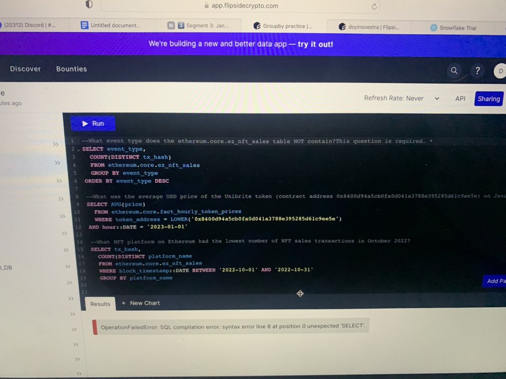 DoyinSoExtra's tweet image. Day12: I was trying to answer some blockchain query questions on flipsidecrypto.

I’m not done with the quiz yet cause it’s quite technical but progress is being made so far. I will complete the quiz tomorrow most likely.  #50daysofdatawithwida #blockchainquery