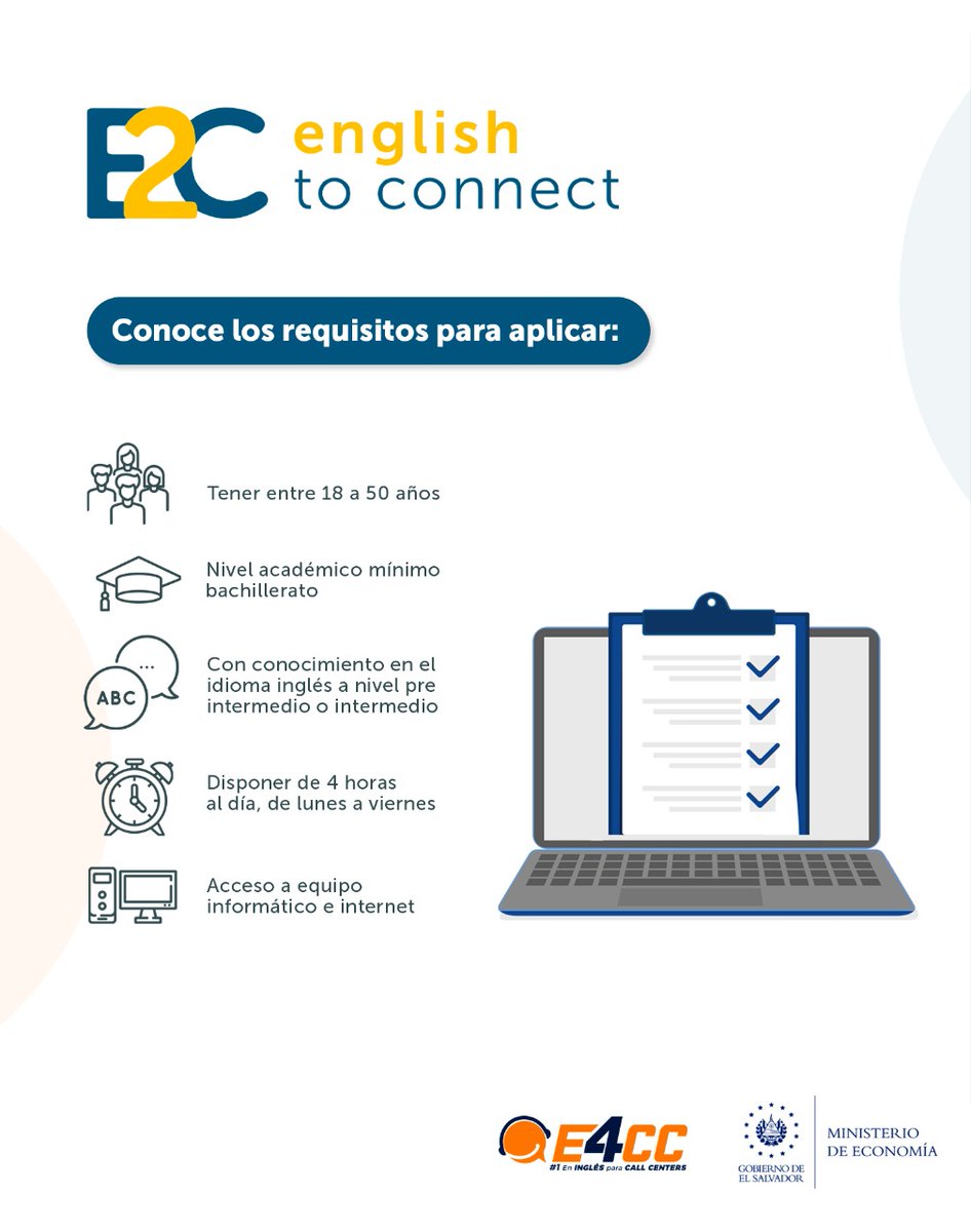 EconomiaSV's tweet photo. ¡Aprovecha esta oportunidad! 😎🙌

Forma parte de E2C english to connect, el programa que te brinda BECAS GRATUITAS para fortalecer tu nivel pre intermedio o intermedio en el idioma inglés. 👩‍💻👨‍💻

👉Postúlate aquí: https://t.co/P3E6PuXqG0. https://t.co/PYBSPqmKSM