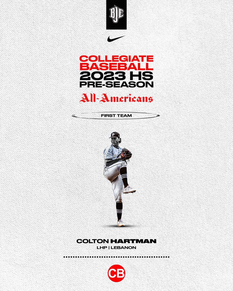 Big congratulations to LHP <a href="/colton_hartman5/">Colton Hartman</a> (@LebanonHSBase) on being selected as a <a href="/CBNewspaper/">Collegiate Baseball</a> Pre-Season 𝐅𝐢𝐫𝐬𝐭 𝐓𝐞𝐚𝐦 𝐀𝐥𝐥-𝐀𝐦𝐞𝐫𝐢𝐜𝐚𝐧‼️

#BJEFam | <a href="/BJE2023Black/">Bo Jackson Elite 2023 Black</a>