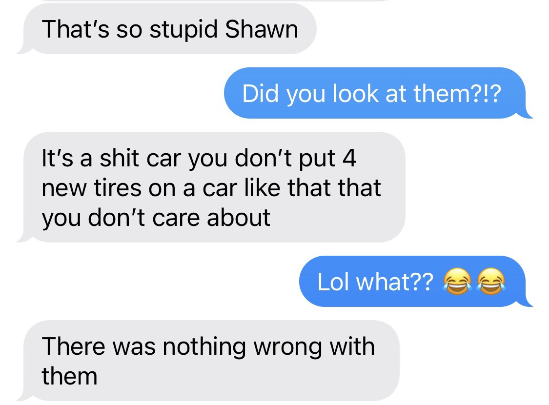 SMenck12's tweet photo. My wife’s (@SydneyValier2 ) reaction to me purchasing 4 new tires for my Honda Civic after 70,000 miles without a change. She is so lovely and a tire expert. https://t.co/0xMQCHPAEt
