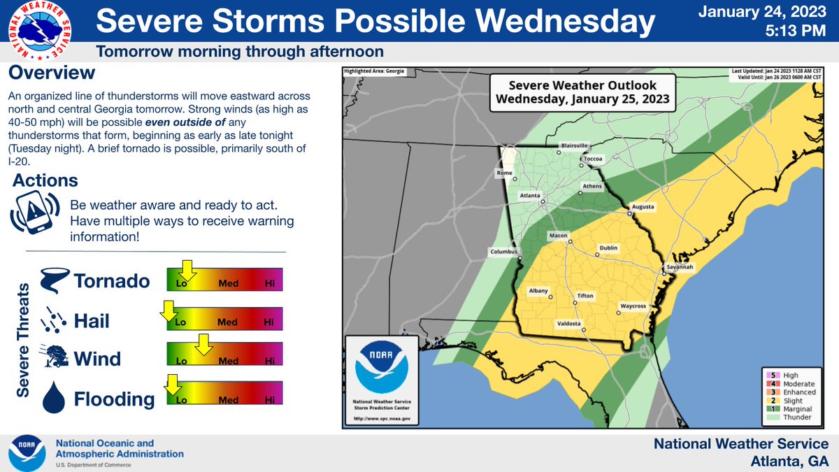 NWSAtlanta's tweet image. Portions of central Georgia are outlooked in a Slight (2/5) Risk for severe weather tomorrow. The primary concern is the potential for strong to damaging winds capable of downing trees and powerlines, which are possible even outside of any showers or thunderstorms. ⚠️🍃 #gawx