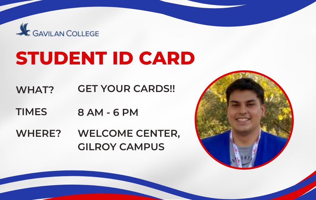 GavilanCollege's tweet image. ATTENTION STUDENTS!
If you are new to Gav and need a Student ID, come to the Welcome Center from 8 am to 6 pm, in Gilroy to get them!
#identificationcard #studentid #campus