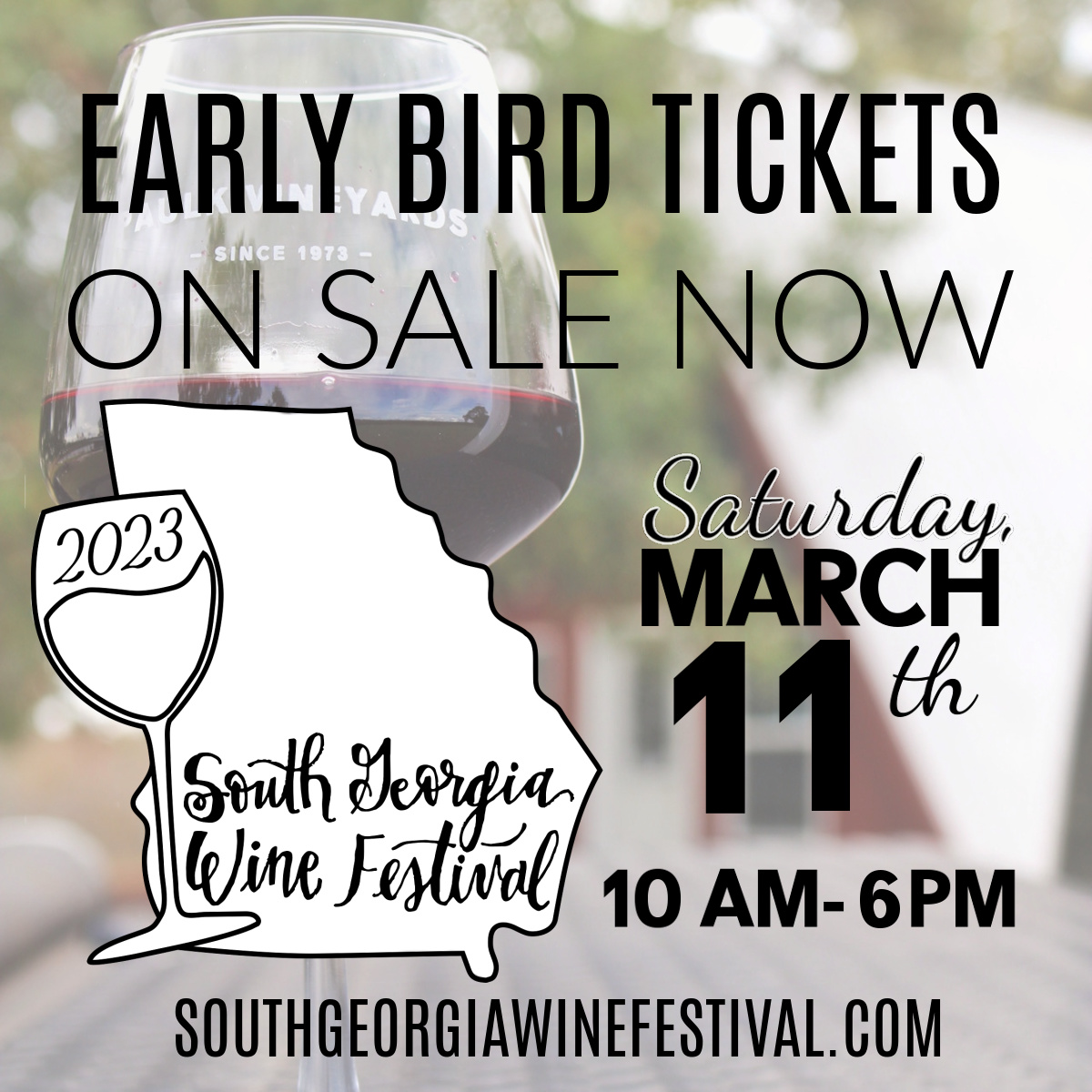 paulkvineyards's tweet photo. Early bird tickets for the 4th Annual South
Georgia Wine Festival are 𝐎𝐍 𝐒𝐀𝐋𝐄 𝐍𝐎𝐖 🙌

This festival will showcase fellow wineries throughout
the southern part of the state. Learn more, apply to be a vendor, and purchase tickets at https://t.co/vYvQKbWwuv. https://t.co/g4paygpzcw