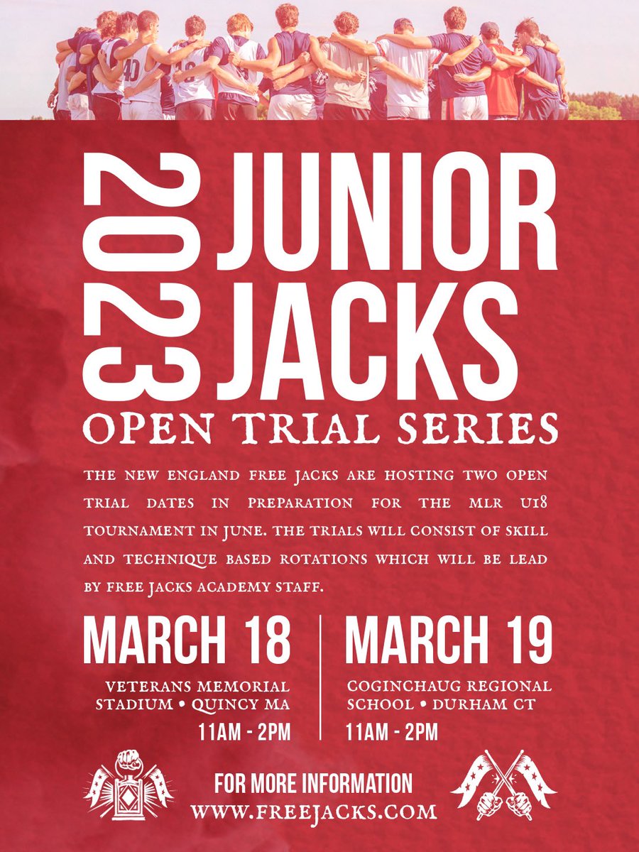 NEFreeJacks's tweet photo. 🐎//📢 Junior Jacks 2023
The New England Free Jacks are excited to announce our Under 18 Boys Open Trial Series for 2023.
These trials will see high school players from across New England assemble for some skill and technical based stations led by Free Jacks staff!
#academy https://t.co/0mMojtjrYm