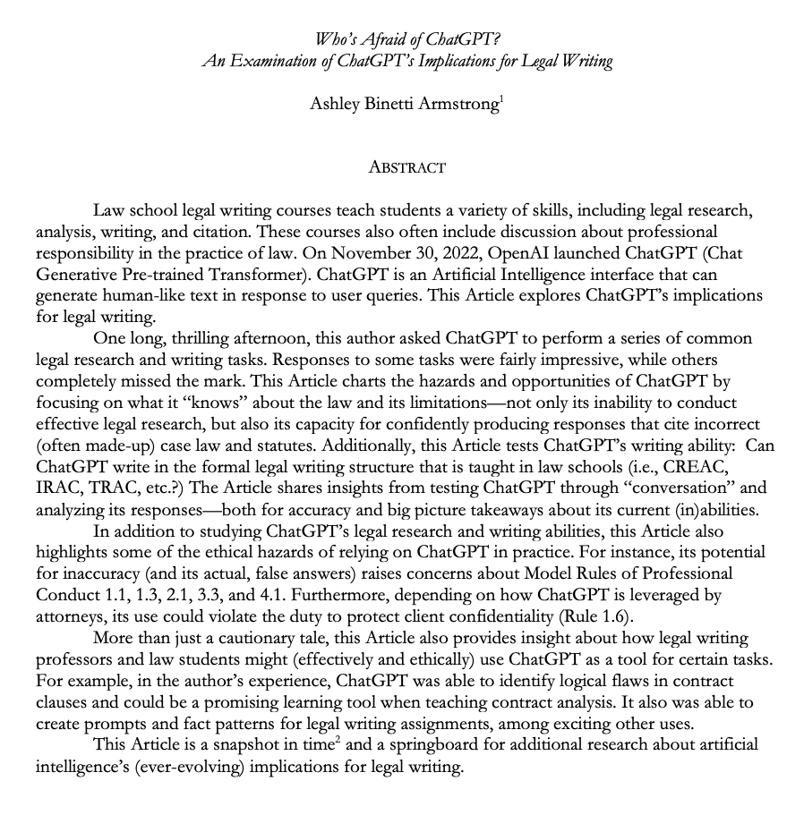 ashleybinetti's tweet photo. Abstract and excerpt up on SSRN:  
"Who’s Afraid of ChatGPT? An Examination of ChatGPT’s Implications for Legal Writing." https://t.co/NcYZztydns @UConnLaw https://t.co/OGXqUb9wil